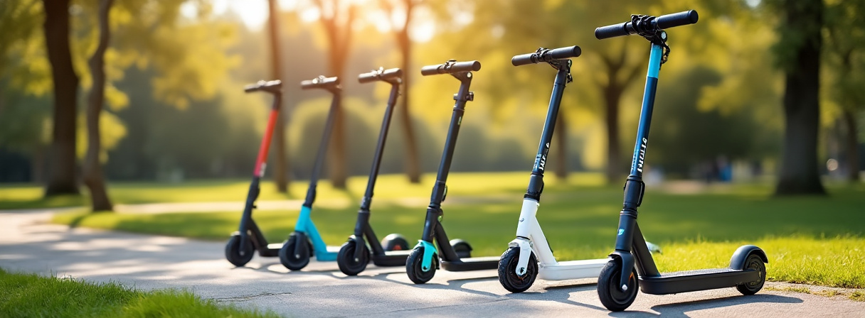 Kinder fahren auf E-Scootern in einem Park