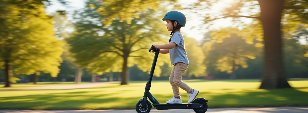Kind fährt auf einem E-Scooter im Park