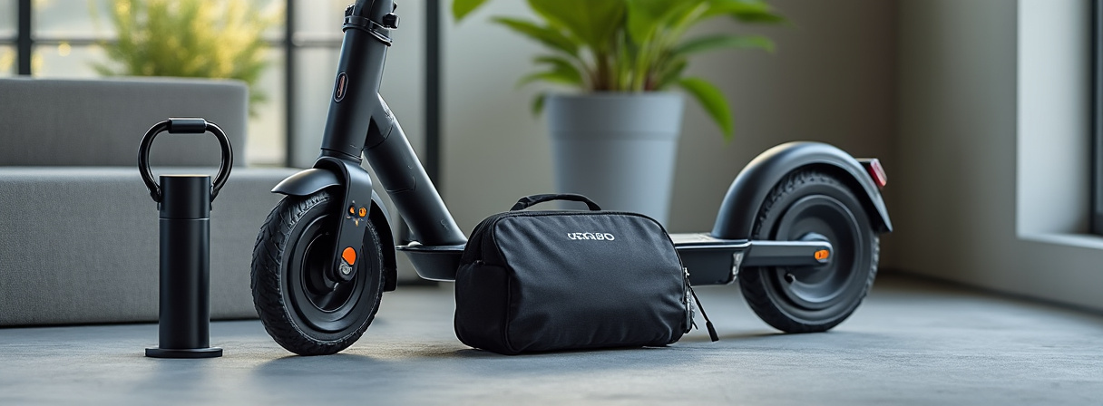 E-Scooter Zubehör wie Schloss, Helm und Tragetasche