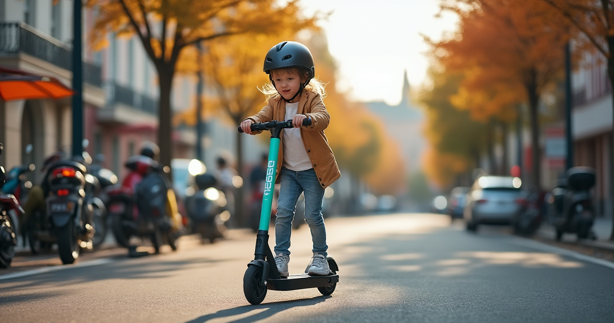 10-Jähriges Kind auf einem E-Scooter fahren