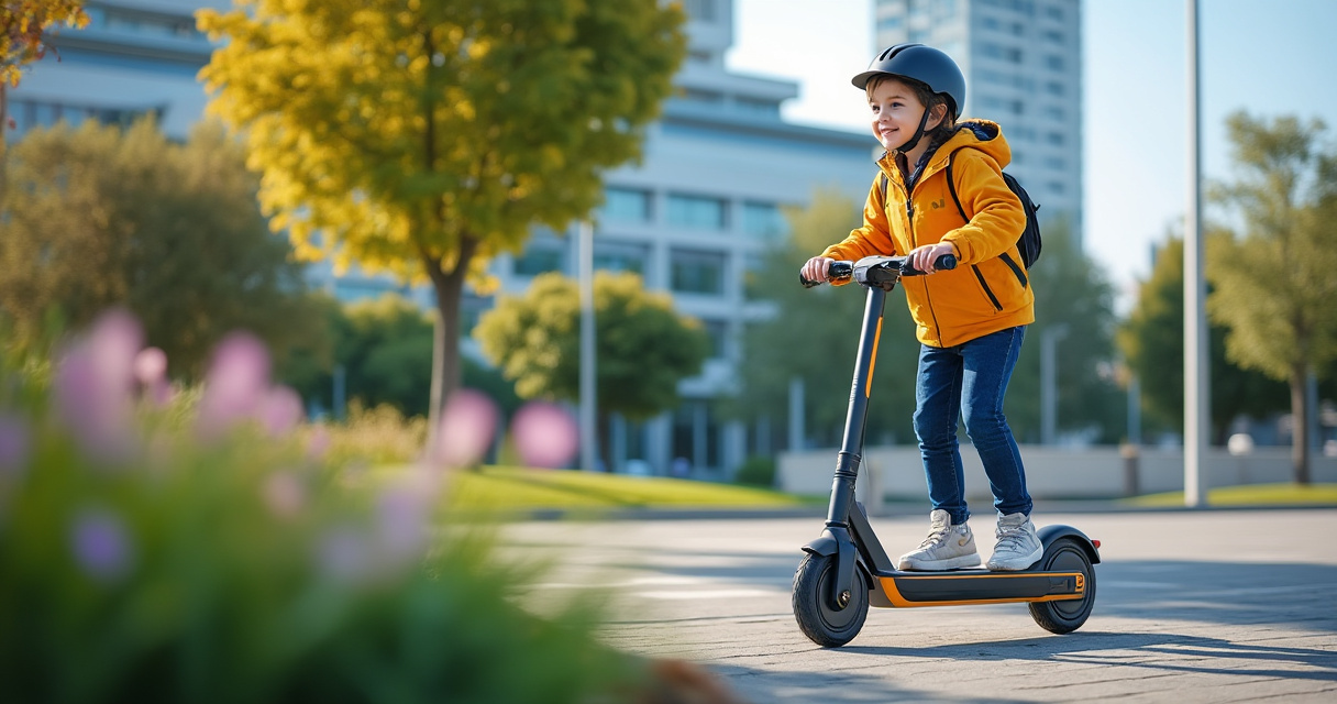 6-Jähriges Kind fährt sicher auf einem E-Scooter