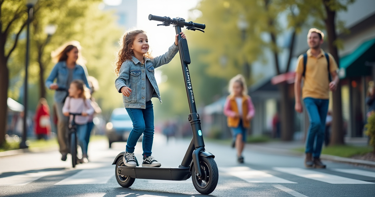 8-Jähriges Kind fährt E-Scooter auf einem sicheren Weg