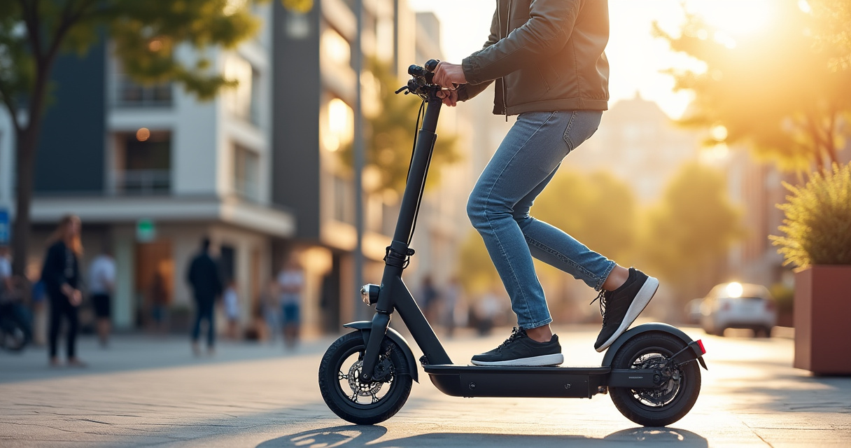 Klappbarer E-Scooter zusammengeklappt neben einer Person